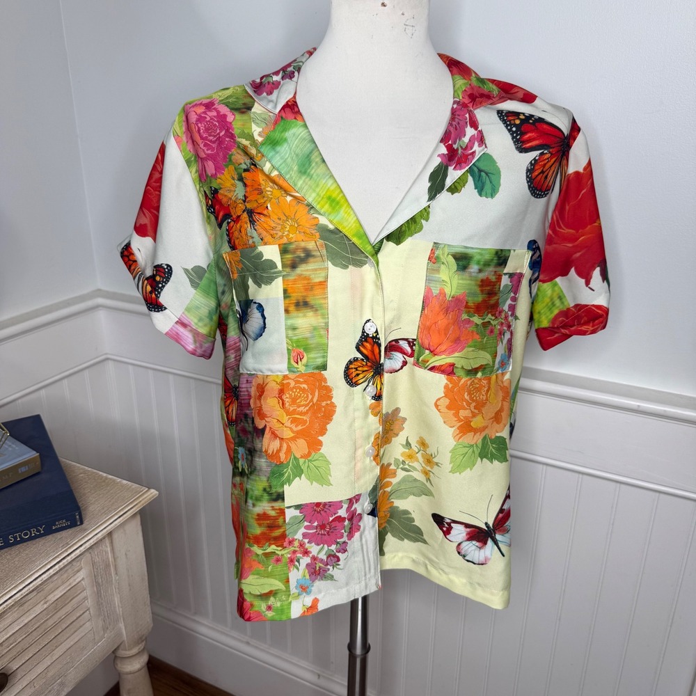 Anthropologie Butterfly Floral Patchwork Button Down Shirt Short Sleeve Small